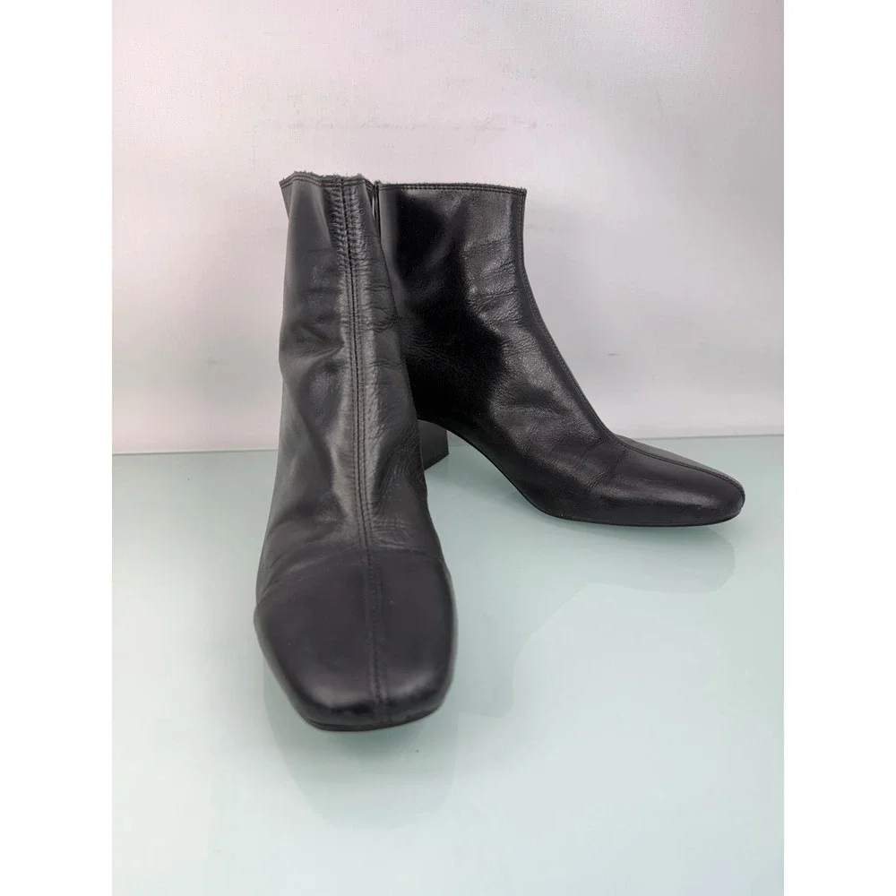 MNG Mango Black Leather Square Toe Ankle Boots Block Heel sz 38 Minimalist 90s - Picture 9 of 11